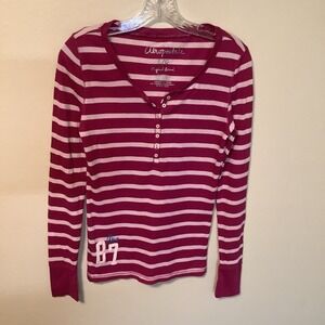 Aeropostale Womens Pink White Striped Waffle Knit Henley Long Sleeve Top Large